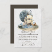 Trouw met waterverfschip en volle maan in nautisch bedankkaart (Voorkant / Achterkant)