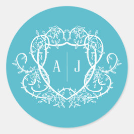 Trouw met wervelende roos turquoise monogram wapen ronde sticker