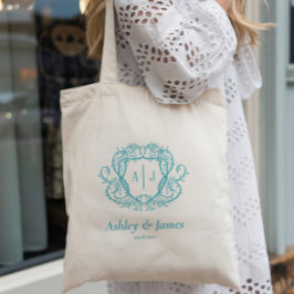 Trouw met wervelende roos turquoise monogram wapen tote bag