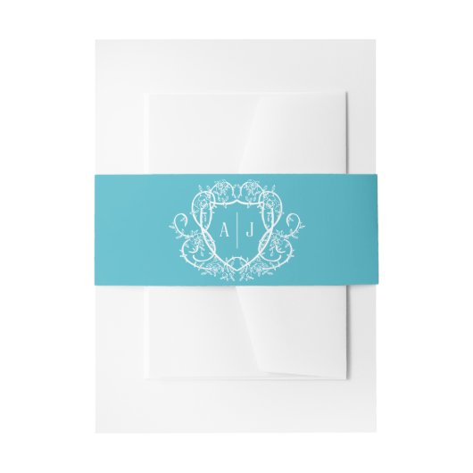 Trouw met wingerdrankroos turquoise monogram wapen uitnodigingen wikkel (Voorkant Voorbeeld)