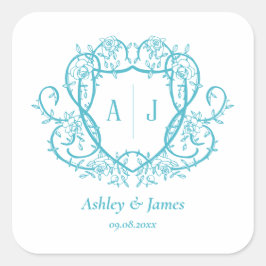 Trouw met wingerdrankroos turquoise monogram wapen vierkante sticker