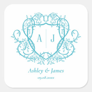 Trouw met wingerdrankroos turquoise monogram wapen vierkante sticker
