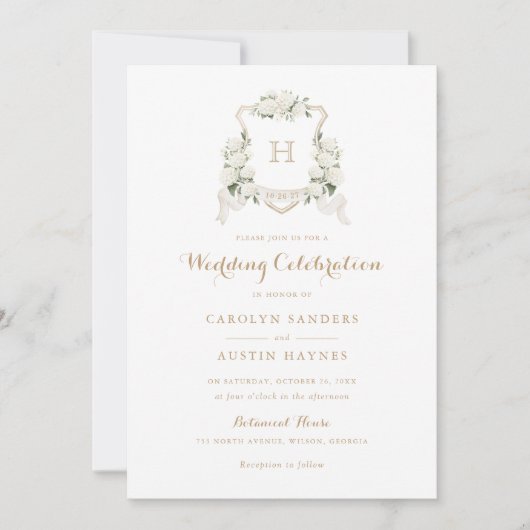 Trouw met wit bloemhydrangea-kam en gouden monogra kaart (Voorkant)