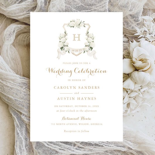 Trouw met wit bloemhydrangea-kam en gouden monogra kaart