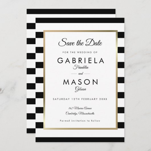 Trouw met zwart-wit streeppatroon save the date (Voorkant / Achterkant)