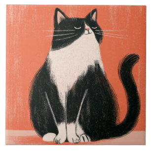Trouw minimalistische tuxedo kat op oranje tegeltje