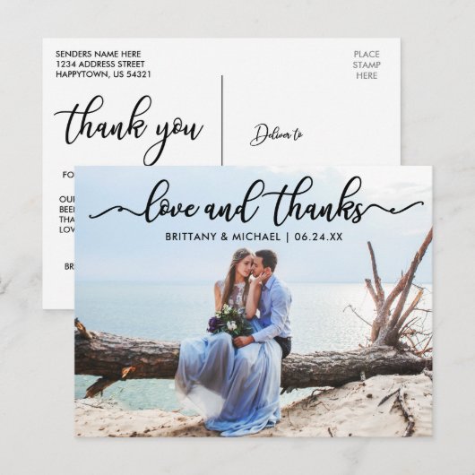 Trouw Moderne Calligrafie Liefde en Dank Foto Briefkaart (Voorkant / Achterkant)