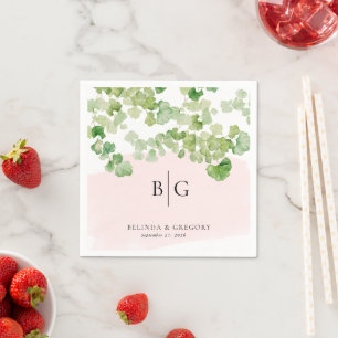 Trouw Monogram Aquarel Groene Blad Blush Roze Servet