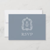 Trouw Monogram Crest Stofblauw RSVP Kaartje (Voorkant)