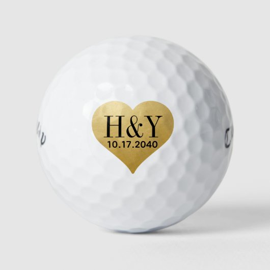 Trouw Monogram Eerste Letter Datum Gouden Hart Golfballen (Voorkant)