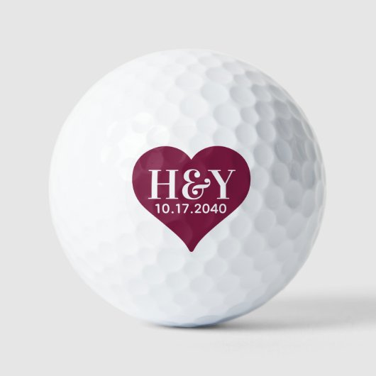 Trouw Monogram Initiaal Datum Rode Hart Golfballen (Voorkant)