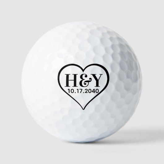 Trouw Monogram Initiaal Datum Zwart Wit Hart Golfballen (Voorkant)