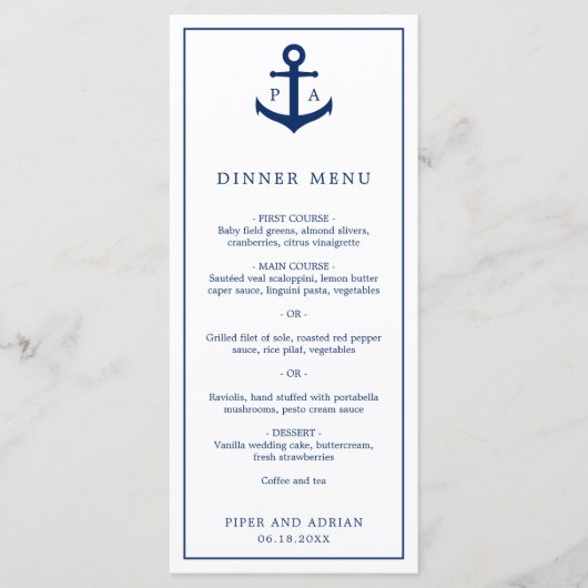 Trouw Monogram Navy Blauwe Anker Nautisch Menu (Voorkant)