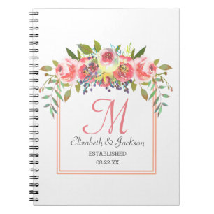 Trouw Monogram Perzik Waterverf Bloemenkrans Notitieboek