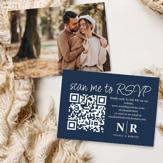 Trouw Monogram QR Code RSVP Met Foto Elegant Informatiekaartje