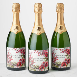Trouw Mooie Rode Bloemen Bladeren Groene Plant Sparkling Wijnetiket