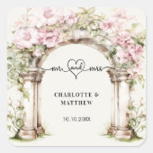 Trouw mr mrs hart script roze bloemen boog vierkante sticker (Voorkant)