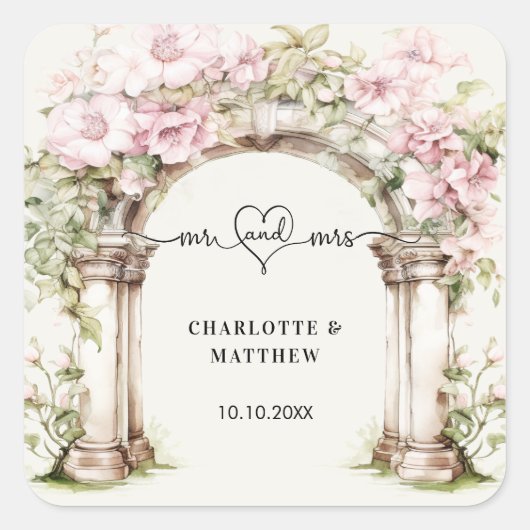 Trouw mr mrs hart script roze bloemen boog vierkante sticker (Voorkant)