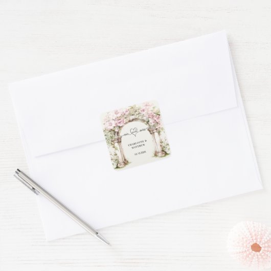 Trouw mr mrs hart script roze bloemen boog vierkante sticker (Envelop)