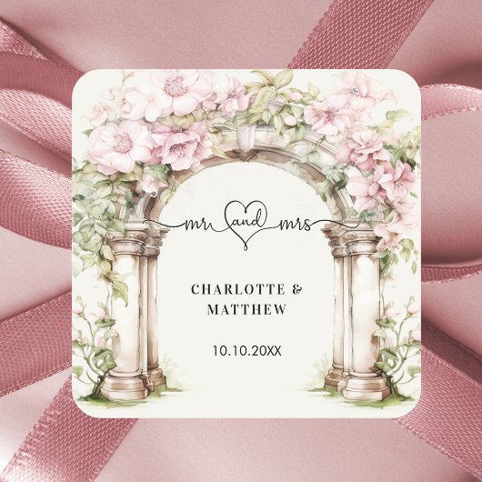 Trouw mr mrs hart script roze bloemen boog vierkante sticker