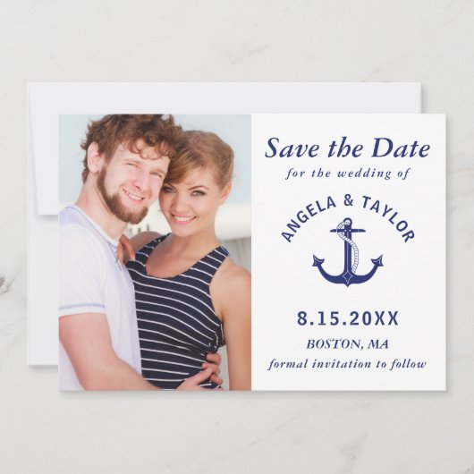 Trouw Nautilusanker Foto Navyblauw Gestreept Save The Date (Voorkant)