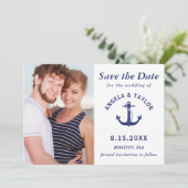 Trouw Nautilusanker Foto Navyblauw Gestreept Save The Date (Staand voorkant)