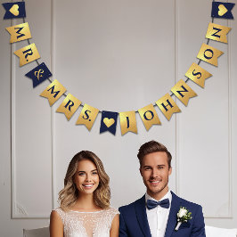Trouw Navy Blauw Nepgoud Harten Mr. & Mevrouw Naam Vlaggetjes