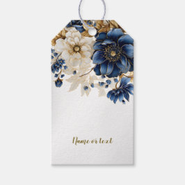 Trouw Navy Blauw Wit Gouden Bloem Motief Zilver Cadeaulabel