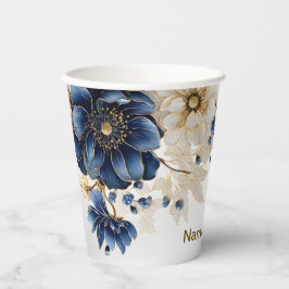 Trouw Navy Blauw Wit Gouden Bloem Motief Zilver Papieren Bekers