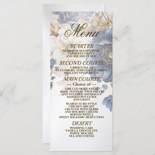 Trouw Navy Blauw Wit Gouden Bloemmotief Zilver Menu (Voorkant / Achterkant)