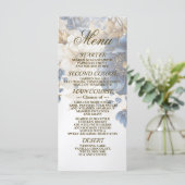 Trouw Navy Blauw Wit Gouden Bloemmotief Zilver Menu (Staand voorkant)