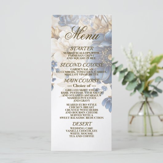 Trouw Navy Blauw Wit Gouden Bloemmotief Zilver Menu (Staand voorkant)