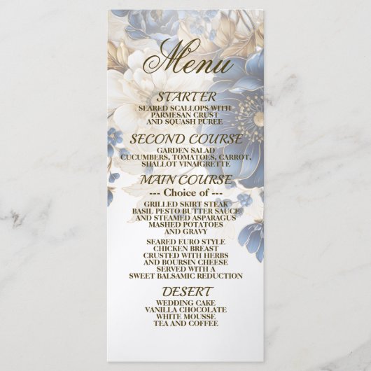 Trouw Navy Blauw Wit Gouden Bloemmotief Zilver Menu (Voorkant)