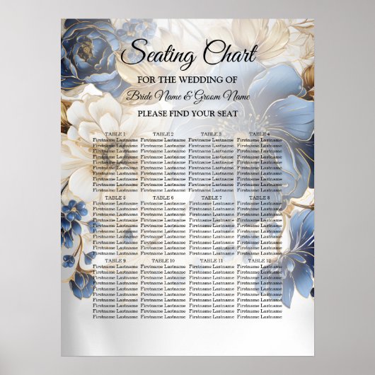 Trouw Navy Blauw Wit Gouden Bloemmotief Zilver Poster (Voorkant)