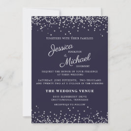 Trouw Navy Blauw Zilver Glitter Elegant Script Kaart