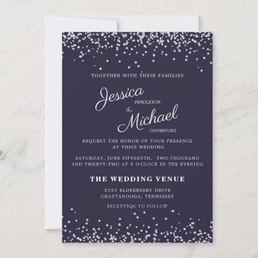 Trouw Navy Blauw Zilver Glitter Elegant Script Kaart (Voorkant)