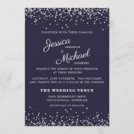 Trouw Navy Blauw Zilver Glitter Elegant Script Kaart