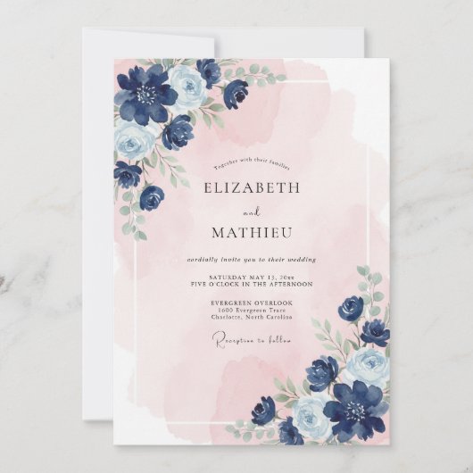 Trouw Navy Blue Serene Blossom Kaart (Voorkant)