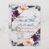 Trouw Navy Bourgondië Blush Roze Pioen Save The Date (Voorkant / Achterkant)