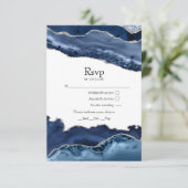 Trouw Navy en Zilver Agate RSVP Kaartje (Staand voorkant)