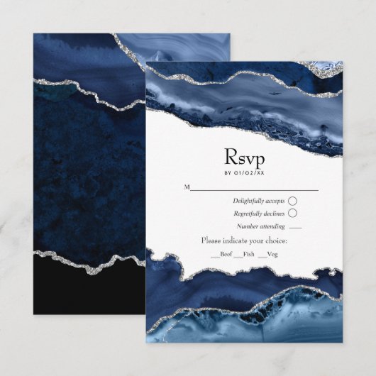 Trouw Navy en Zilver Agate RSVP Kaartje (Voorkant / Achterkant)
