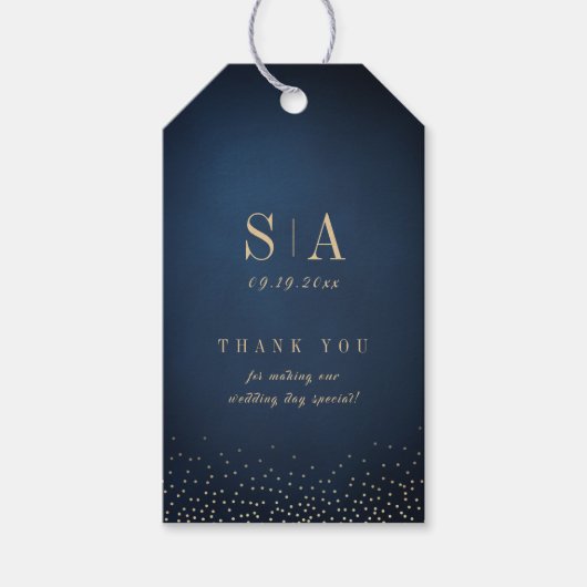Trouw 'Navy & Gold Glitter Sophisticated Monogram' Cadeaulabel (Voorkant)