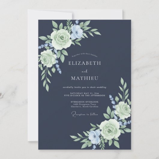 Trouw Navy Pastel Bloom Romance Kaart (Voorkant)