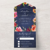 Trouw Navyblauw Bloemmotief Elegant Waterverf RSVP All In One Uitnodiging (Binnen)