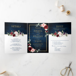 Trouw Navyblauw Blush Bourgondië Goud Geometrisch Drieluik Aankondiging