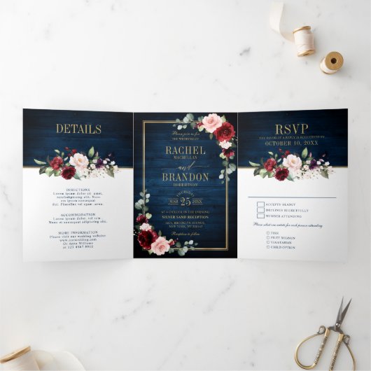 Trouw Navyblauw Blush Bourgondië Goud Geometrisch Drieluik Aankondiging (Binnen)