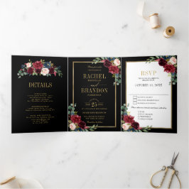 Trouw Navyblauw Blush Bourgondië Goud Geometrisch Drieluik Aankondiging