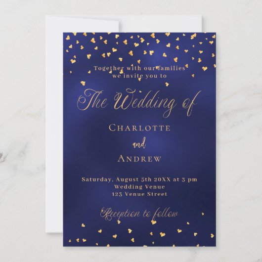 Trouw navyblauw gouden harten script luxe kaart (Voorkant)