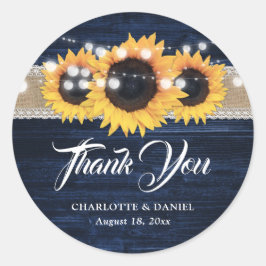 Trouw Navyblauw Houten Jute Kant Zonnebloem Ronde Sticker