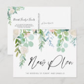 Trouw NIEUW PLAN Waterverf Bloemige Groene Tinten Aankondigingskaart (Voorkant / Achterkant)